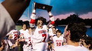 Stephen Grober (7) of Glen Ridge hoists the trophy after winning the NJSIAA South, Group 1 Final boys lacrosse game between Caldwell vs. Glen Ridge at Caldwell High School in West Caldwell, NJ on Tuesday, June 10, 2025.