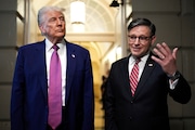President Donald Trump and Speaker of the House Mike Johnson, R-La., speak to reporters after departing a House Republican conference meeting, Tuesday, May 20, 2025, at the U.S. Capitol in Washington. (AP Photo/Julia Demaree Nikhinson)