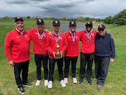 The Hunterdon Central Regional team (left to right) Coach Chris Gacos, Zachary Fisher, Alex Yong, Jeffery Yong, Isaiah Williams and Joe Meola are the Skyland Conference Boys Golf meet 2023 Champions during the Skyland Conference Boys and Girls Championship at Heron Glen Golf Course Wednesday, May 3, 2023 in Ringoes, N.J.
