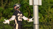 Luke Caldwell (22) of Hopewell Valley celebrates after scoring a goal against Notre Dame during the boys lacrosse Colonial Valley Conference Final at Hopewell Valley Central High School in Pennington, NJ on Thursday, May 15, 2025