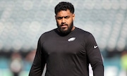 Philadelphia Eagles offensive tackle Jordan Mailata (68) warms up before an NFL football game against the Cleveland Browns, Sunday, Oct. 13, 2024 in Philadelphia. (AP Photo/Daniel Kucin Jr.)