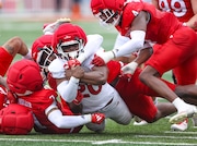 Rutgers running back Ja'shon Benjamin (20) surges toward the goal line during the first half of the Scarlet-White spring game, Saturday, April 26, 2025 in Piscataway, N.J.