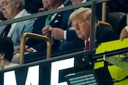 President Donald Trump watches play during the first half of the NFL Super Bowl 59 football game between the Kansas City Chiefs and the Philadelphia Eagles, Sunday, Feb. 9, 2025, in New Orleans. (AP Photo/Gerald Herbert)