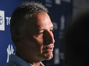 Former New York Yankees pitcher Andy Pettitte speaks to the media outside the Yankee clubhouse before the Yankees host the New York Mets on Thursday July 25, 2023, at Yankee Stadium. The Yankees announced earlier this week Pettitte will serve as an advisor to manager Aaron Boone.