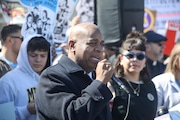 Mayor Ras Baraka speaks during the Make the Road New Jersey, the NJ Alliance for Immigrant Justice and others, demonstration against a new ICE immigrant detention center at Delaney Hall in Newark, NJ on Tuesday, March 11, 2025.