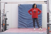 Women's gymnastics coach Umme Salim-Beasley participates in a team practice at Rutgers in Piscataway, N.J., Thursday, March 2, 2023. (AP Photo/Seth Wenig)