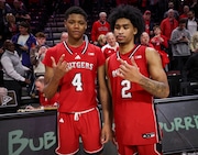 Rutgers freshmen Ace Bailey (4) and Dylan Harper (2) pose for a photo after the Garden State Hardwood Classic, Saturday, Dec. 14, 2024, in Piscataway, N.J. Rutgers won, 66-63, on a three point basket by Harper at the buzzer.
