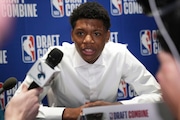 Ace Bailey talks to media at the 2025 NBA basketball draft combine in Chicago, Wednesday, May 14, 2025. (AP Photo/Nam Y. Huh)