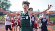 Hunter Celkupa of Colts Neck starts the celebration as he crosses the finish line to win the boys 1600 meter run at the 2025 NJSIAA Meet of Champions, Wednesday, June 4, 2025, in Pennsauken, N.J.