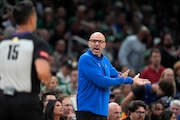 Dallas Mavericks coach Jason Kidd argues a call during the first half of Game 1 of the basketball team's NBA Finals against the Boston Celtics, Thursday, June 6, 2024, in Boston. (AP Photo/Charles Krupa)