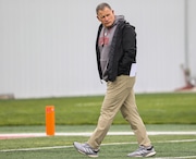 Rutgers head coach Greg Schiano watches his team during the Scarlet Knights’ spring practice, Tuesday, April 15 2025, in Piscataway, N.J.