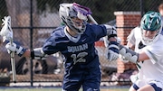 Senior attackman Brandon Kunz (12) of Manasquan netted 5 goals and assisted on 2 Monday in the Warriors' quarterfinal-round clash with Glen Ridge in the third annual Kirst Cup at Kean University in Union.