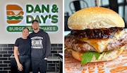 Dan and Dayanna Campeas, left, pose in front of the sign at Dan & Days Burgers & Shakes in Montclair. Right, a bacon jam burger from Dan & Days.