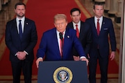 President Donald Trump speaks from the East Room of the White House in Washington, Saturday, June 21, 2025, after the U.S. military struck three Iranian nuclear and military sites, directly joining Israel's effort to decapitate the country's nuclear program, as Vice President JD Vance, Secretary of State Marco Rubio and Defense Secretary Pete Hegseth listen. (Carlos Barria/Pool via AP)