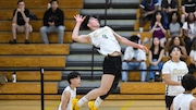 Reza Mahlou (9) of Hudson Catholic hits a kill shot against West Caldwell Tech during the NJSIAA Group 1 boys volleyball final at South Brunswick High School in Monmouth Junction, NJ on Thursday. June 12, 2025