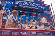 Brooklyn, NY, USA. July 27, 2010. The 2010 Hot dog eating contest billboard records display in Coney Island, Brooklyn, NY.